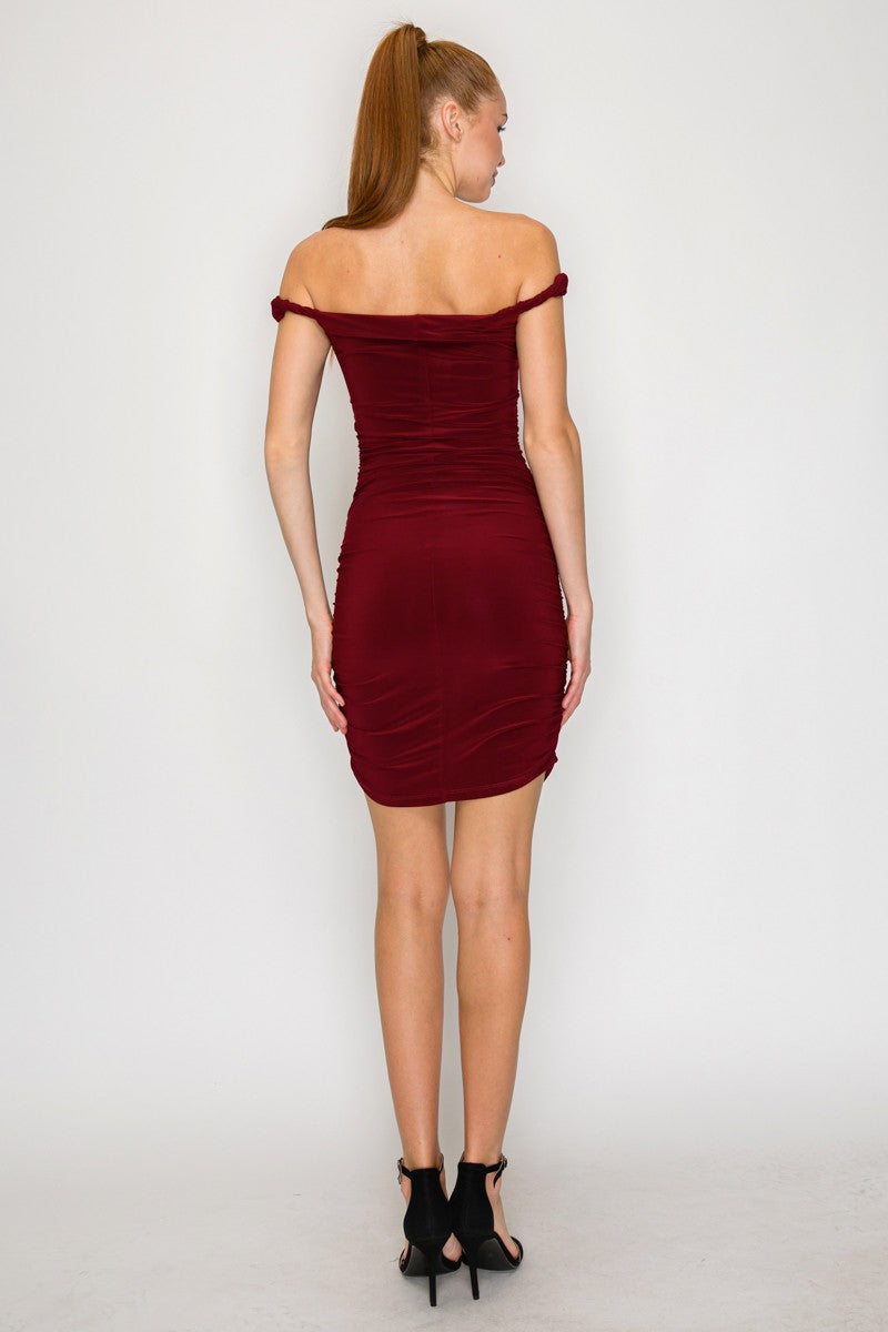 Off The Shoulder Ruched Mini Dress