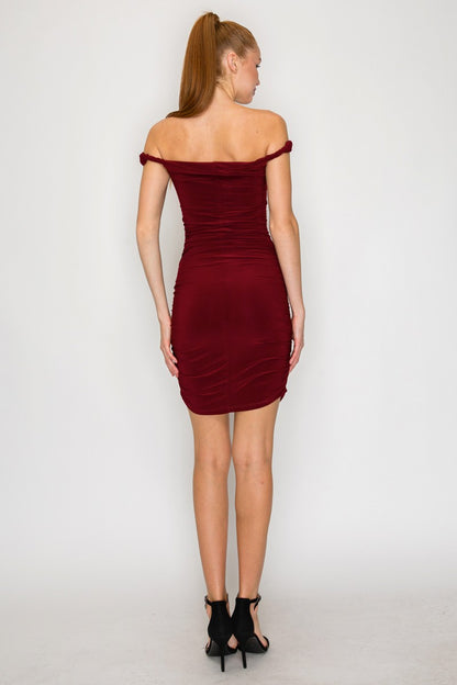 Off The Shoulder Ruched Mini Dress
