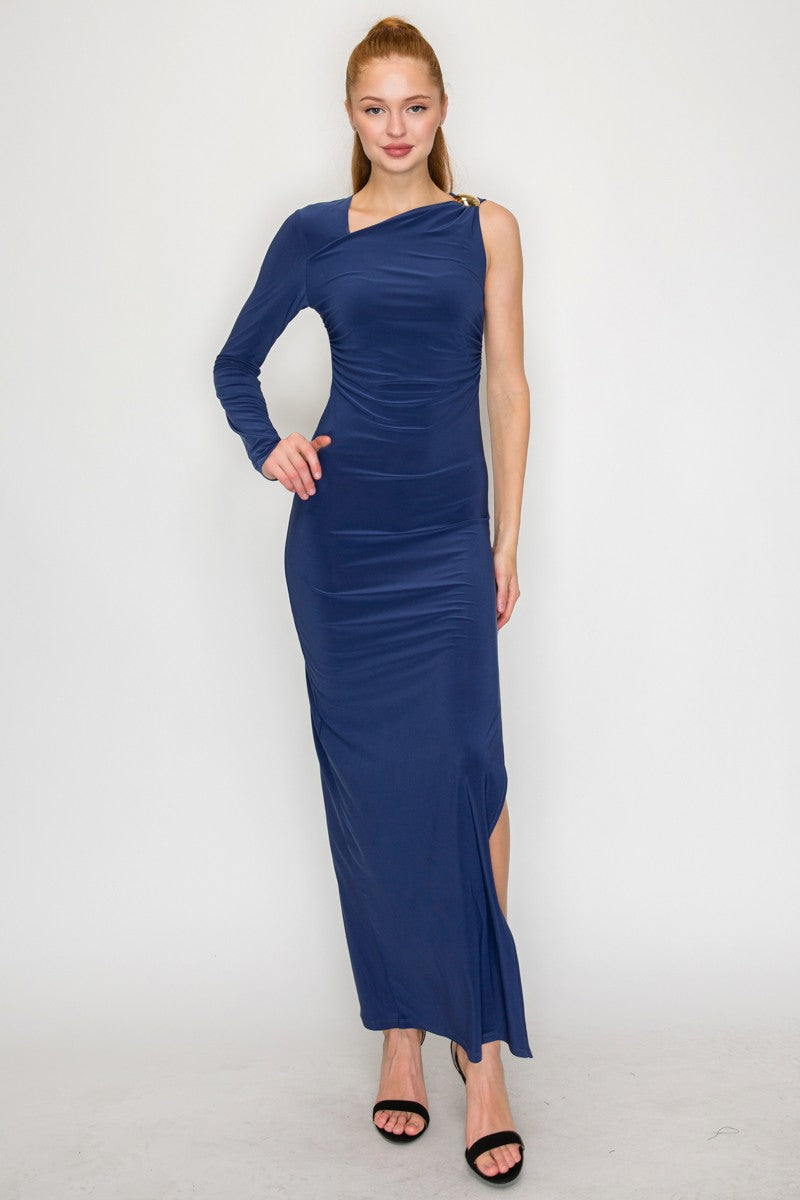One-shoulder Ruched Gold Detail Midi Dress