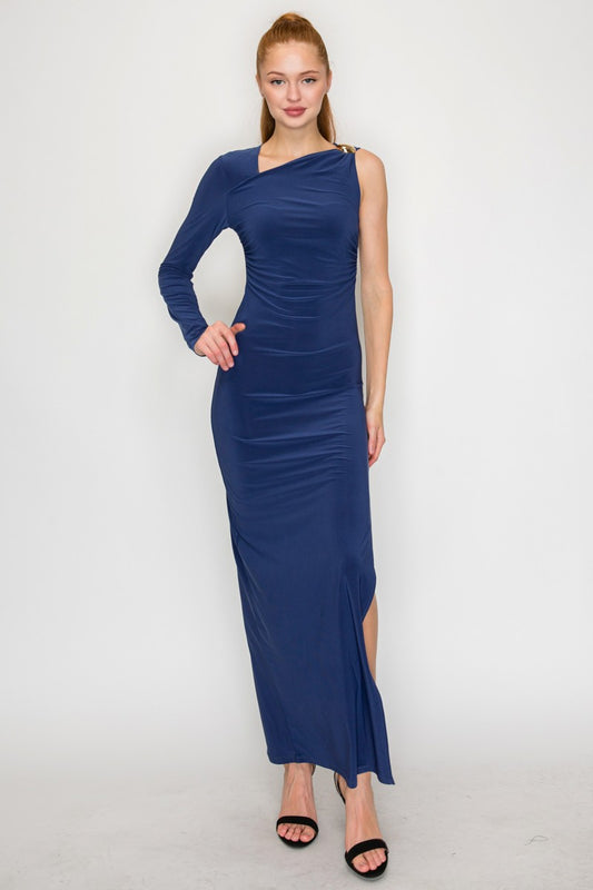 One-shoulder Ruched Gold Detail Midi Dress