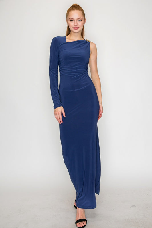 One-shoulder Ruched Gold Detail Midi Dress