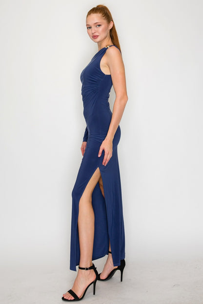 One-shoulder Ruched Gold Detail Midi Dress