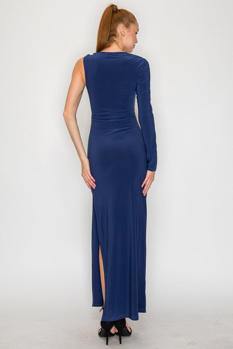 One-shoulder Ruched Gold Detail Midi Dress