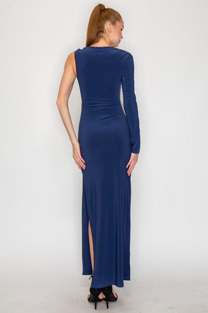 One-shoulder Ruched Gold Detail Midi Dress