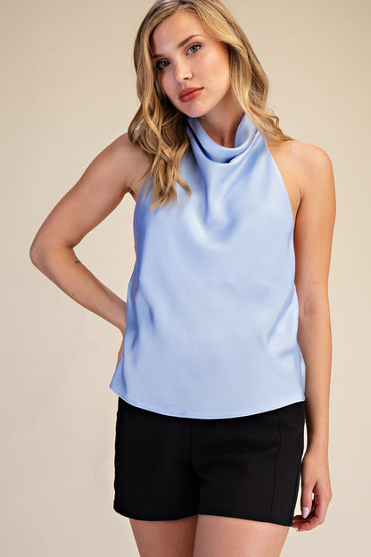Halter Neck Cowl Neck Sleeveless Satin Top