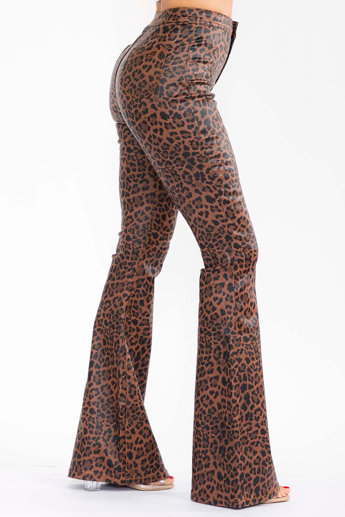 leopard faux leather high waist flare pants