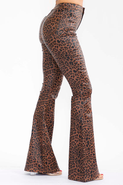 leopard faux leather high waist flare pants
