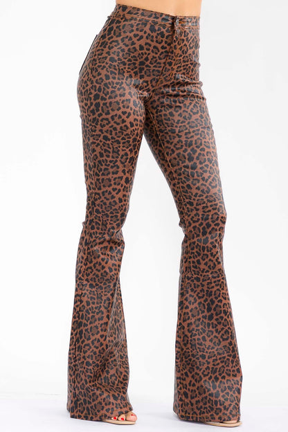 leopard faux leather high waist flare pants