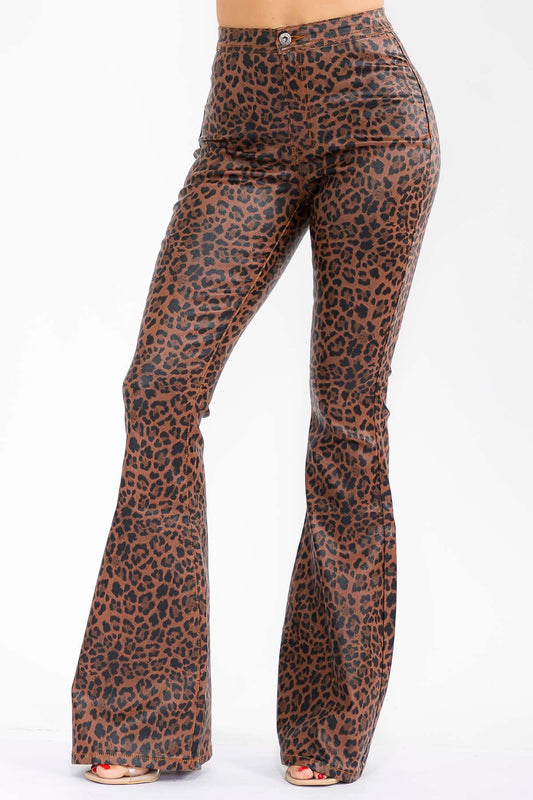 leopard faux leather high waist flare pants