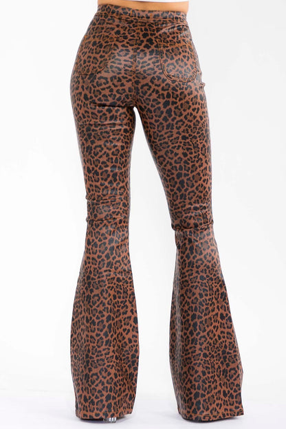 leopard faux leather high waist flare pants