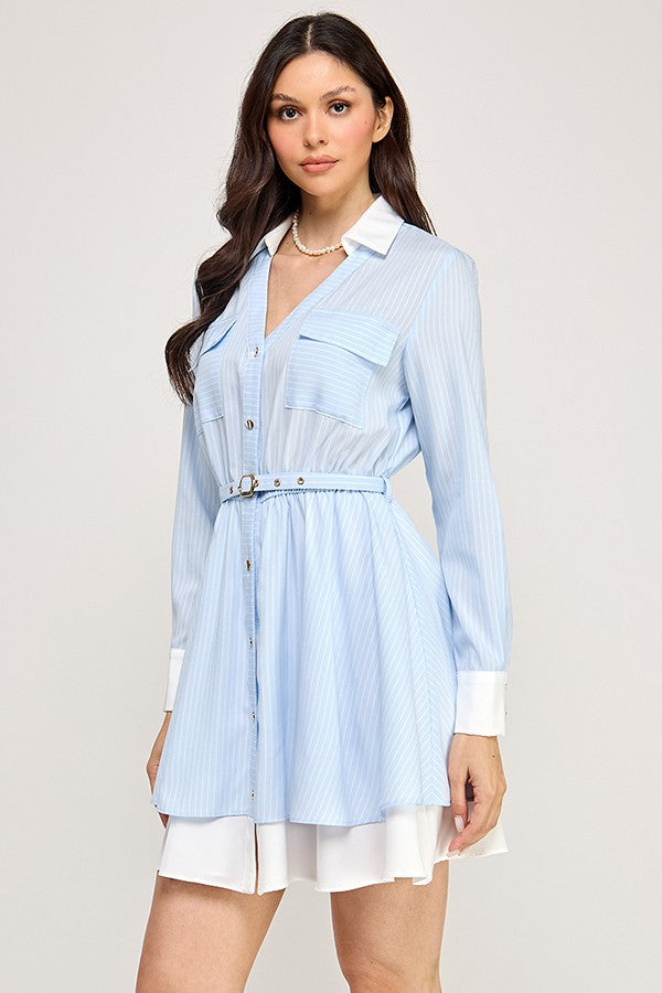 Striped Printed Long Sleeve Dress with Contrast Detail