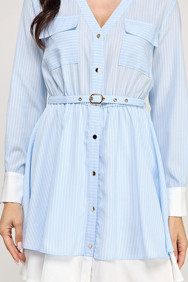 Striped Printed Long Sleeve Dress with Contrast Detail