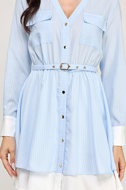 Striped Printed Long Sleeve Dress with Contrast Detail