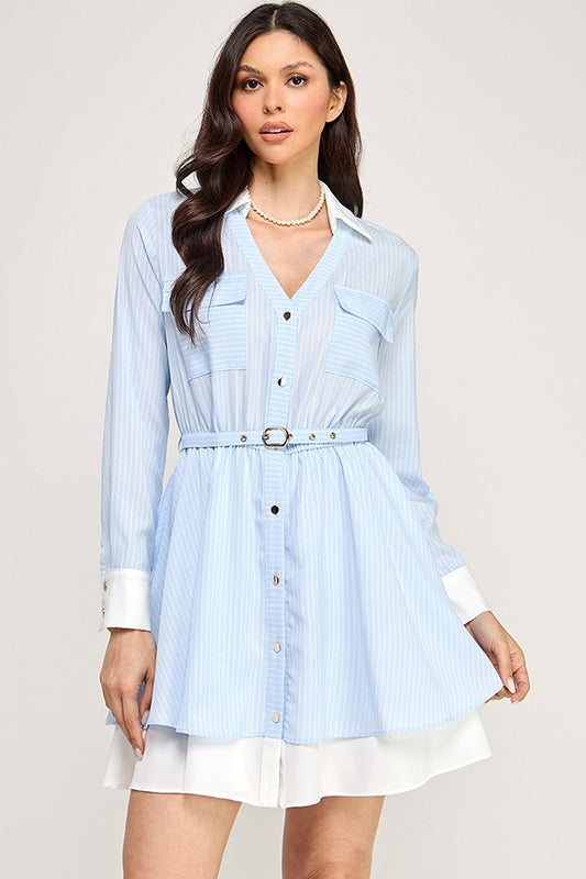 Striped Printed Long Sleeve Dress with Contrast Detail