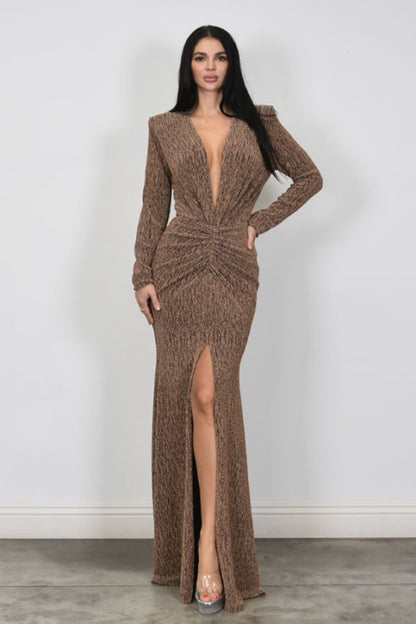 Metallic Lurex Knit Long Sleeve Maxi Dress