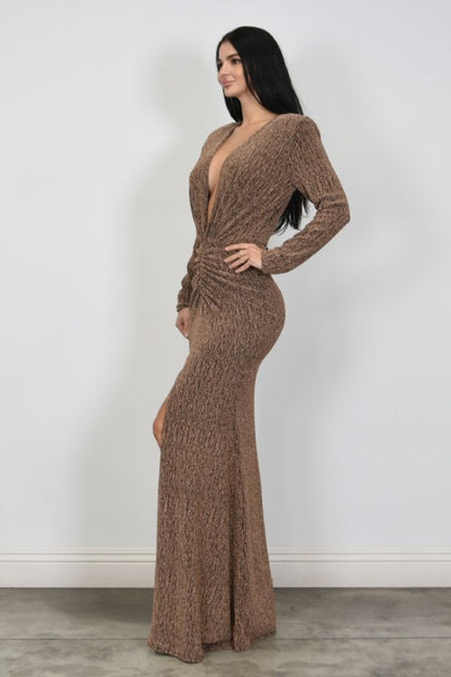 Metallic Lurex Knit Long Sleeve Maxi Dress
