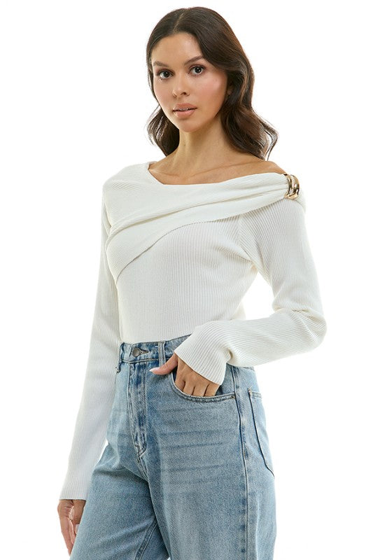 off one shoulder gold detail sweater