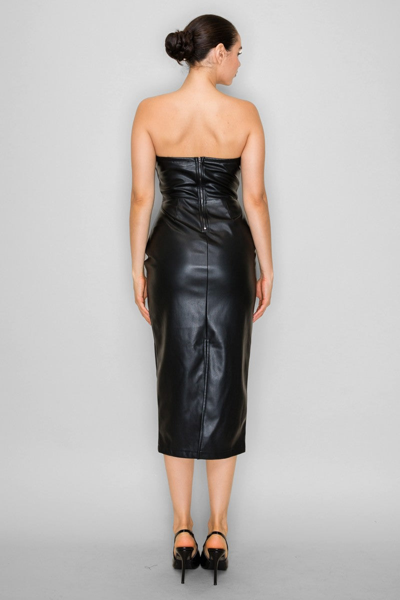 Pleated Strapless Faux Leather Dress