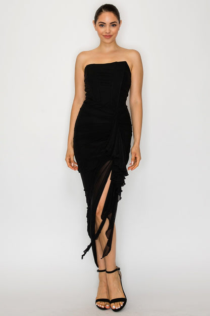 strapless mesh corset mid dress