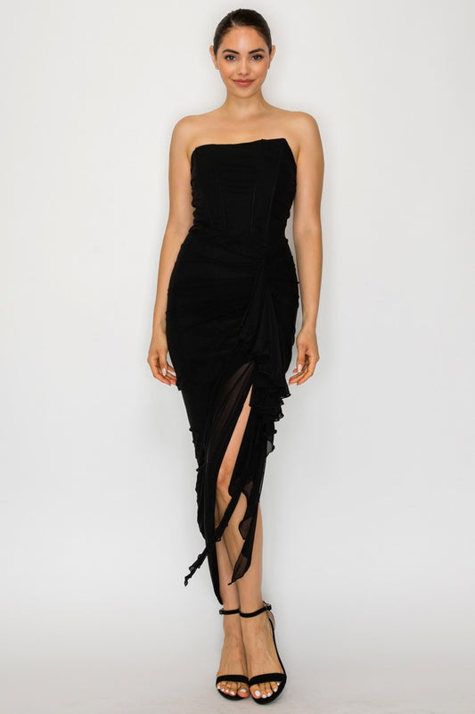 strapless mesh corset mid dress