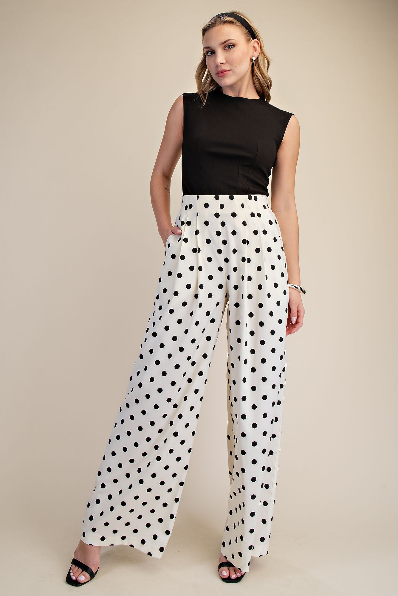 Polka Dot Pleated High-waisted Wide Pants