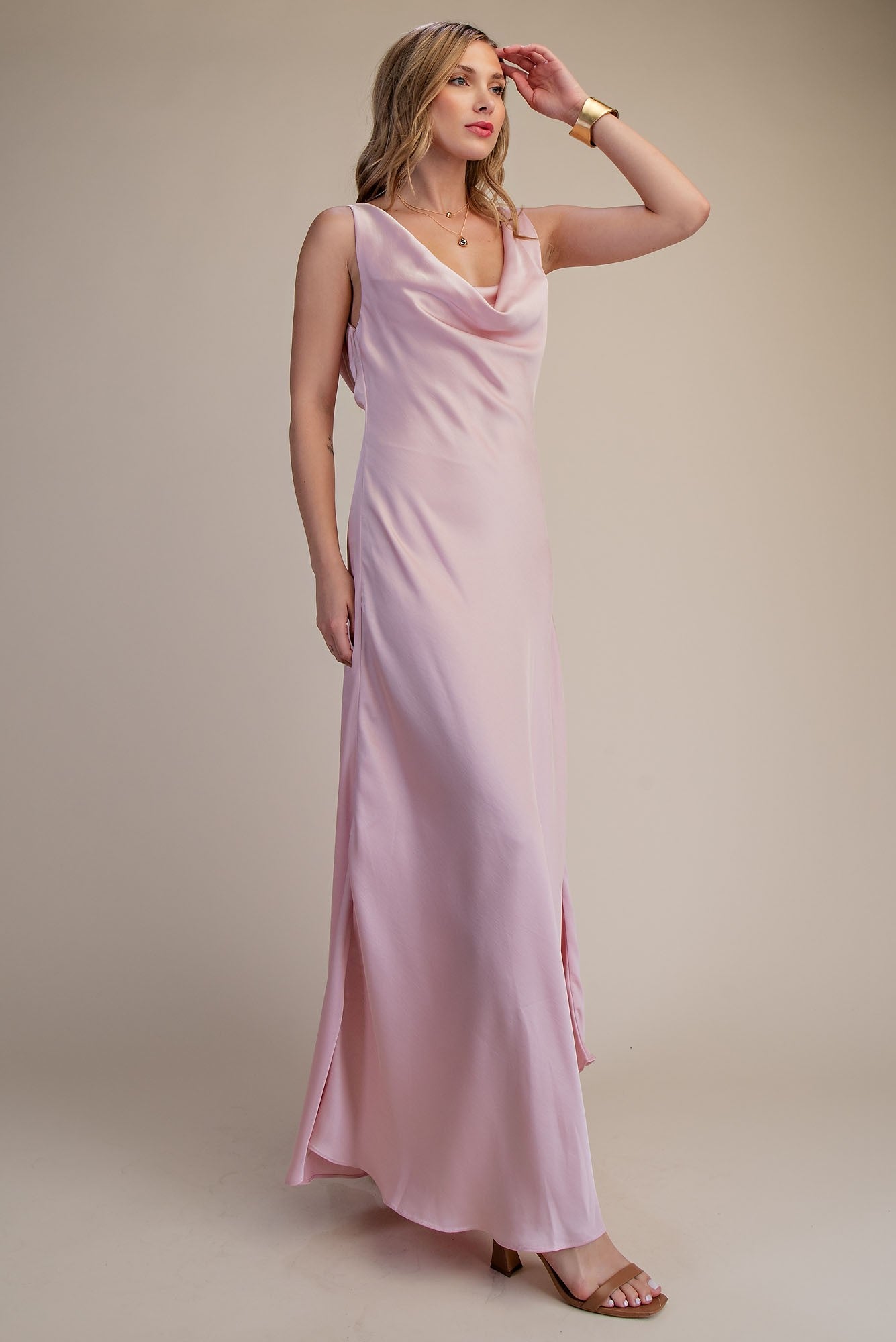 Back Tie Cowl Neck Sleeveless Satin Maxi Dress