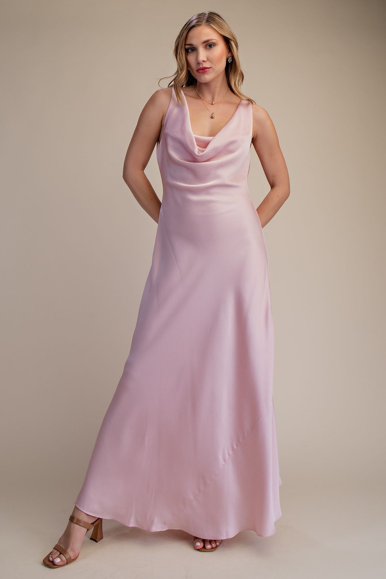Back Tie Cowl Neck Sleeveless Satin Maxi Dress