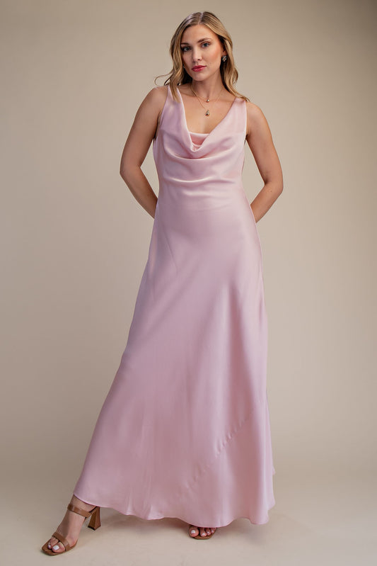 Back Tie Cowl Neck Sleeveless Satin Maxi Dress