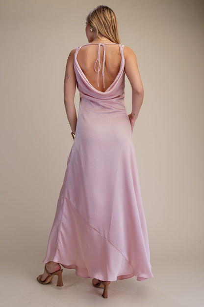 Back Tie Cowl Neck Sleeveless Satin Maxi Dress