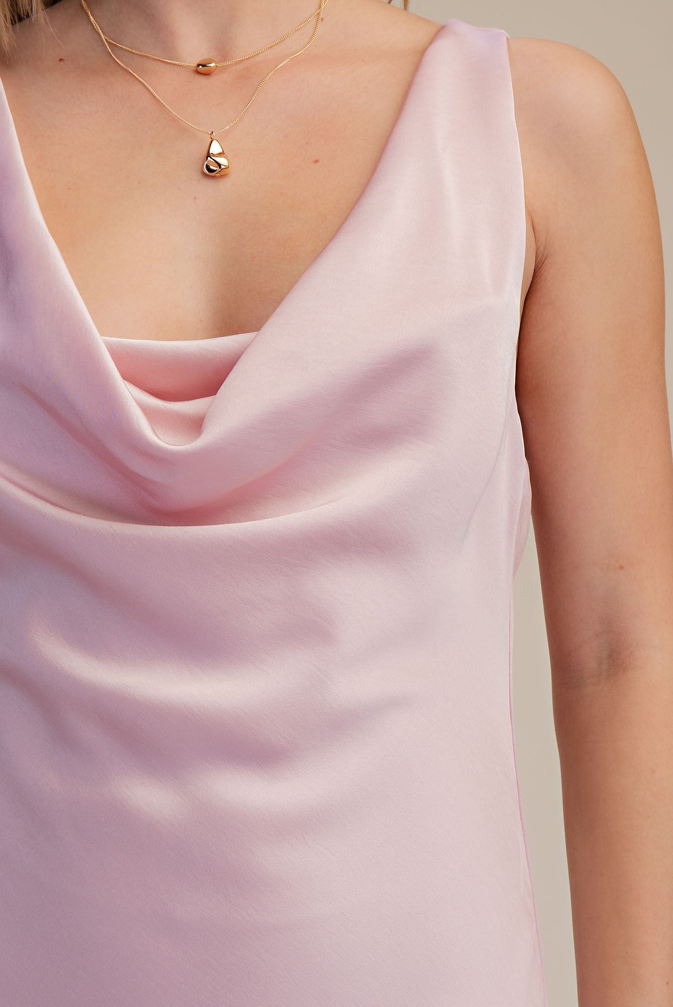 Back Tie Cowl Neck Sleeveless Satin Maxi Dress