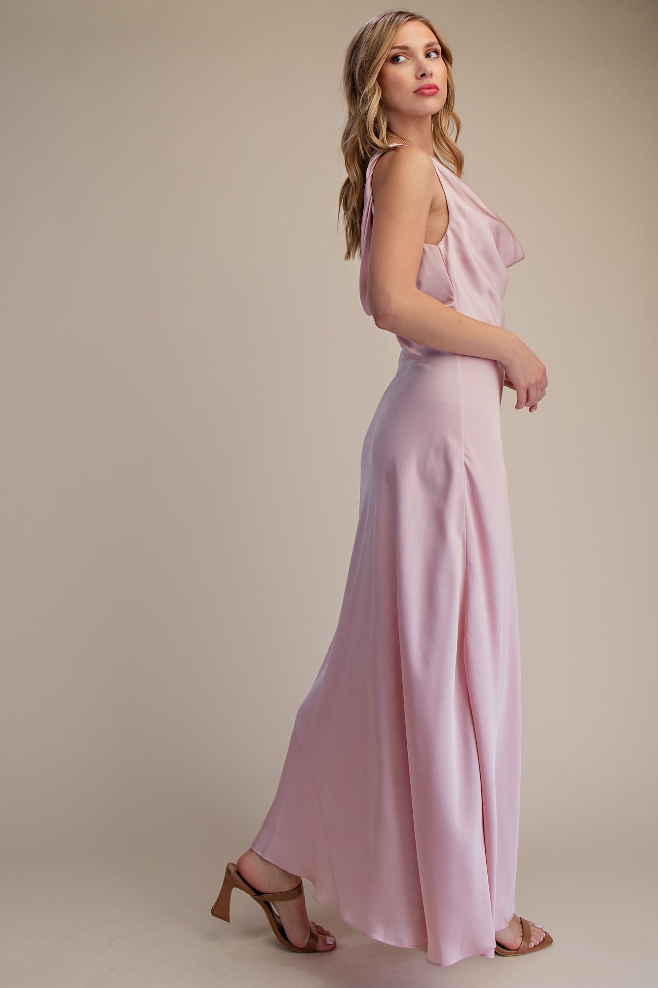 Back Tie Cowl Neck Sleeveless Satin Maxi Dress