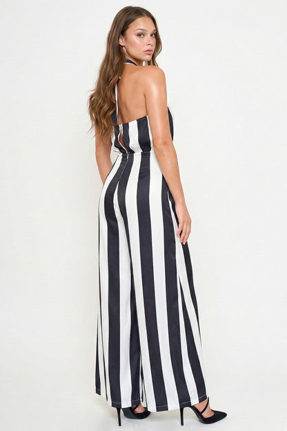 Stripe Satin Halter Neck Jumpsuit