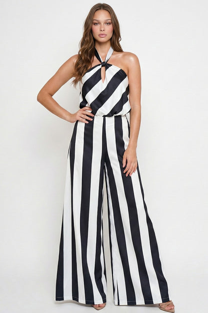 Stripe Satin Halter Neck Jumpsuit