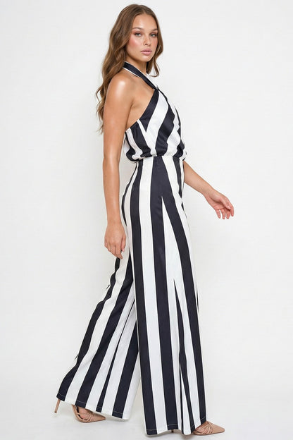 Stripe Satin Halter Neck Jumpsuit