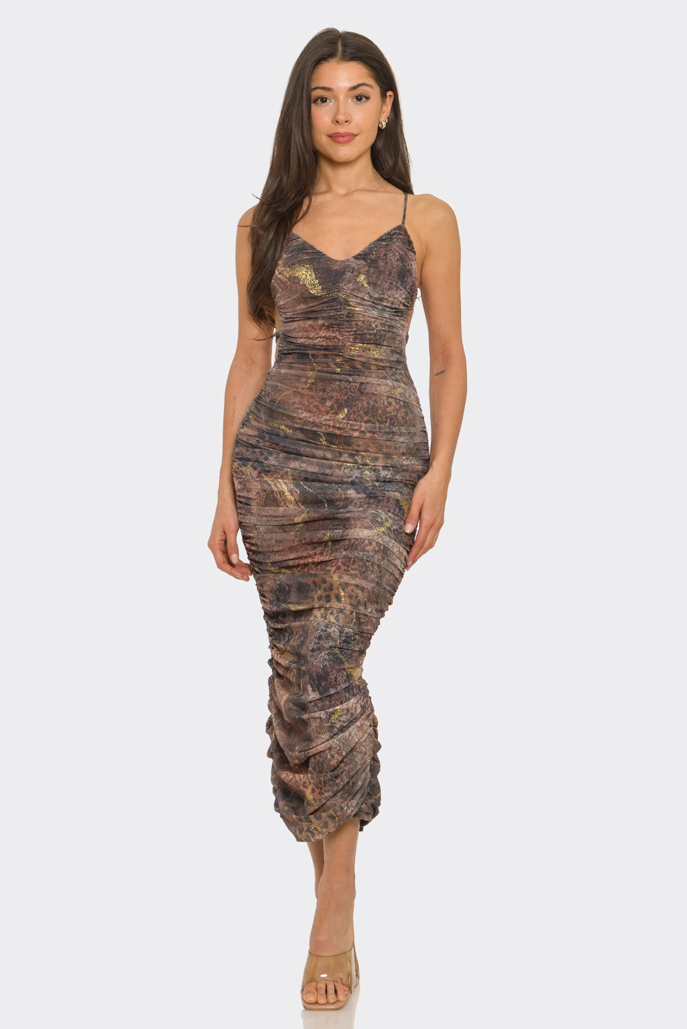 snakeskin ruched open back sleeveless midi dress