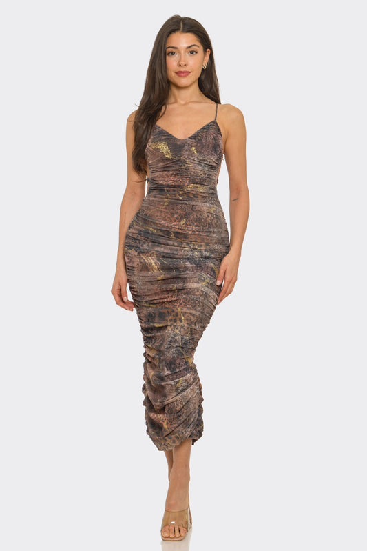 snakeskin ruched open back sleeveless midi dress