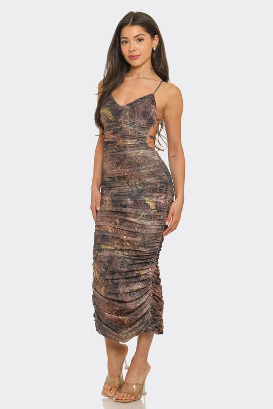 snakeskin ruched open back sleeveless midi dress