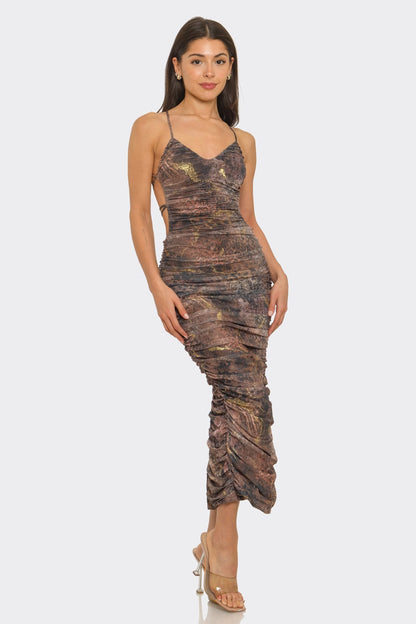 snakeskin ruched open back sleeveless midi dress