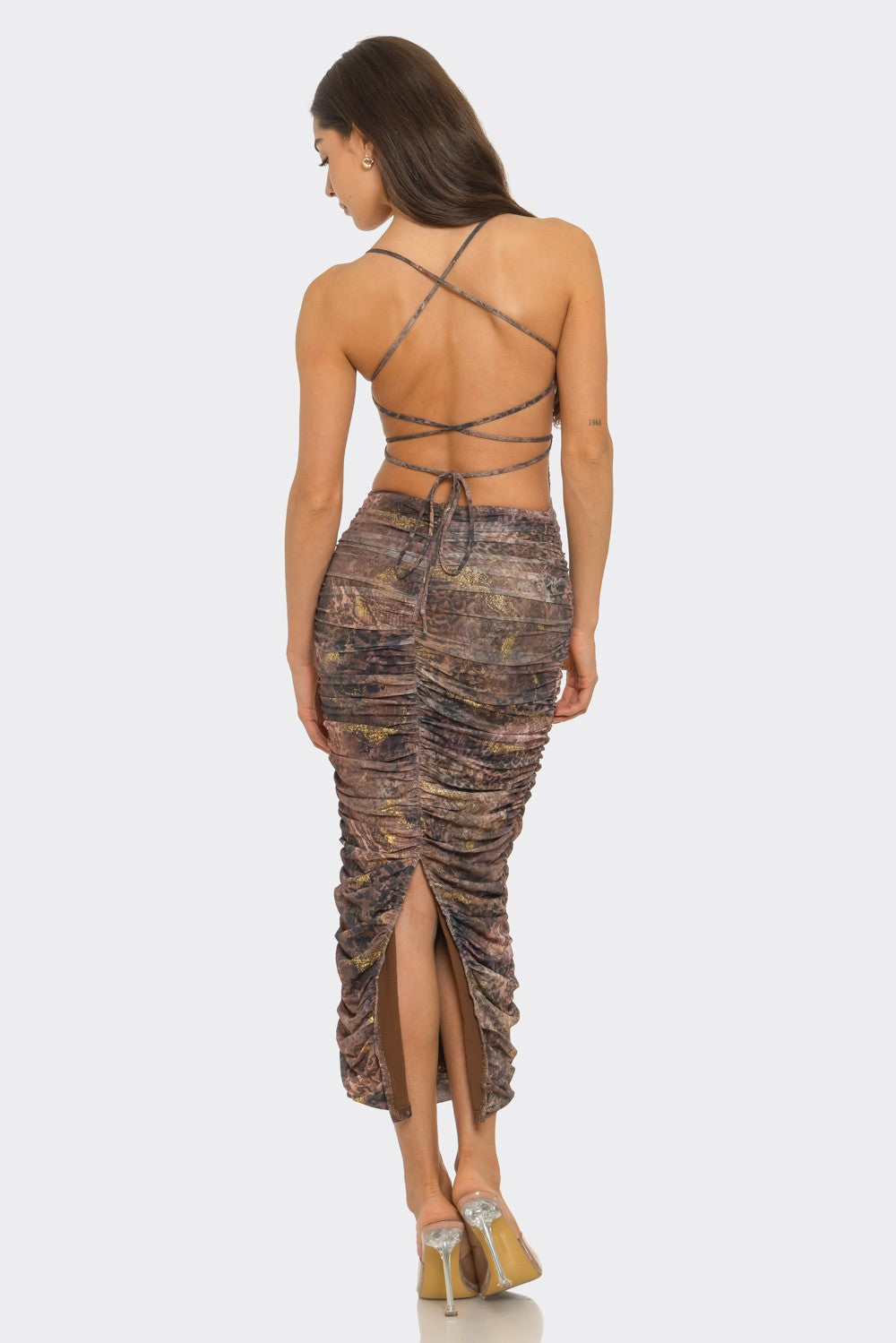 snakeskin ruched open back sleeveless midi dress