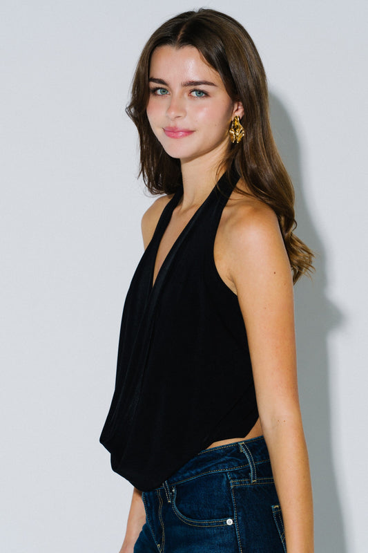 Halter Cowl Neck Plunging Back Tie Top