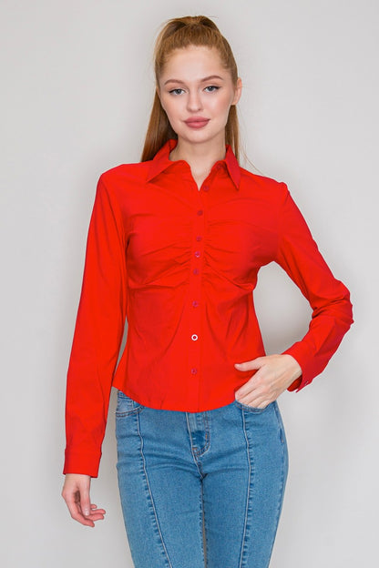 Ruched Detailed Button-down Shirt Top