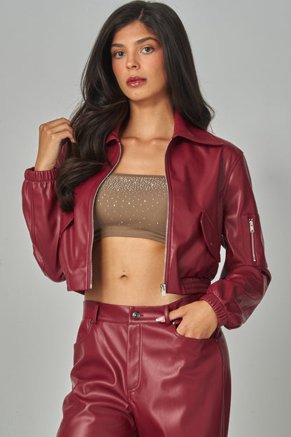 Faux Leather Crop Bomber Jacket