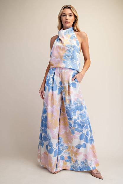 Floral Halter Neck Cowl Neck Sleeveless Top