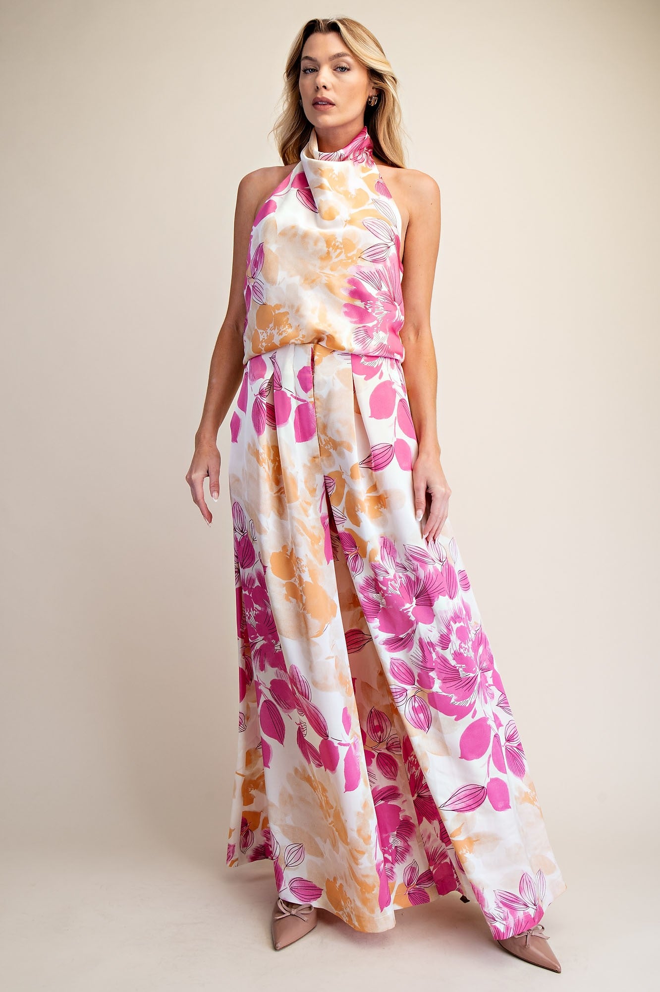 Floral Halter Neck Cowl Neck Sleeveless Top