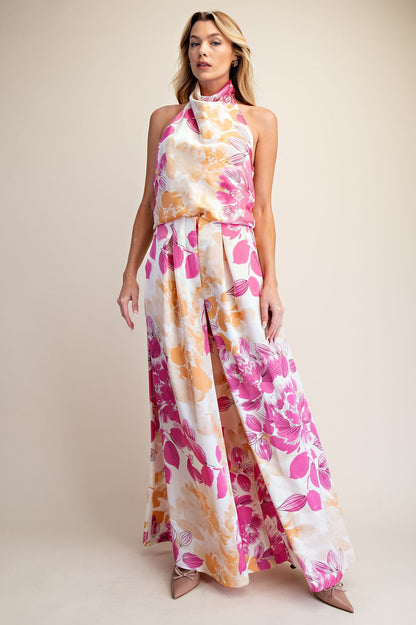 Floral Halter Neck Cowl Neck Sleeveless Top