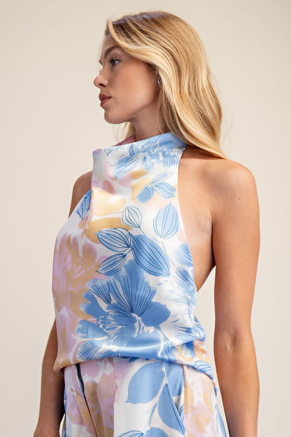 Floral Halter Neck Cowl Neck Sleeveless Top