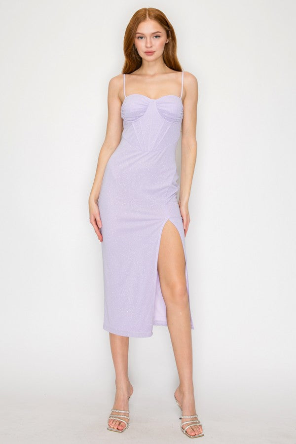 Glitter Sweetheart Corset High Slit Sleeveless Midi Dress