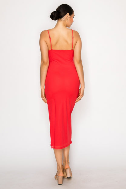 Sweetheart Ruched Slit Sleeveless Midi Dress