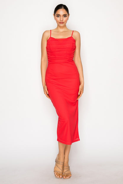 Sweetheart Ruched Slit Sleeveless Midi Dress