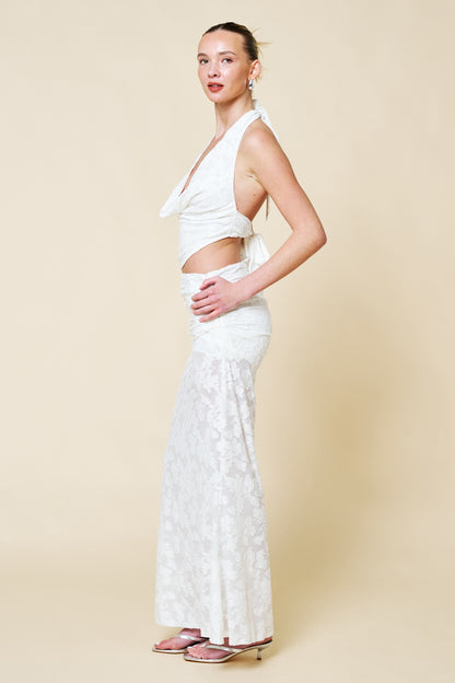 2pc set-Floral Jacquard Cowl Neck Halter Top & Skirt